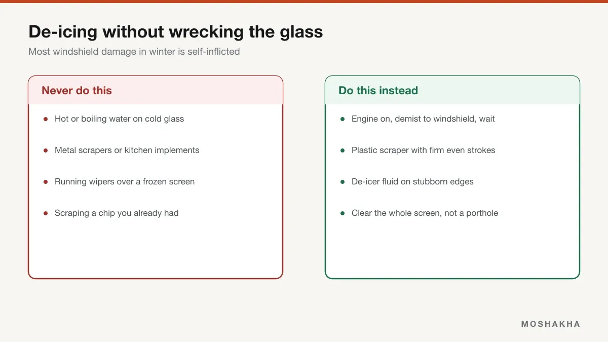 Comparison of unsafe de-icing methods against safe ones for a frozen windshield
