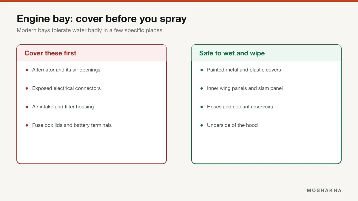 Comparison of engine bay components to cover against surfaces that are safe to wet