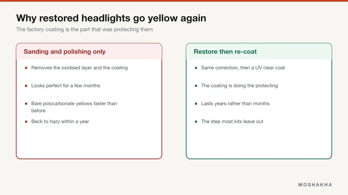 Comparison of polish-only headlight restoration against restoring and re-coating with UV clear