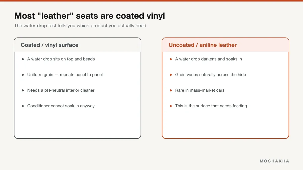Comparison of a water drop beading on coated vinyl seating versus soaking into uncoated aniline leather