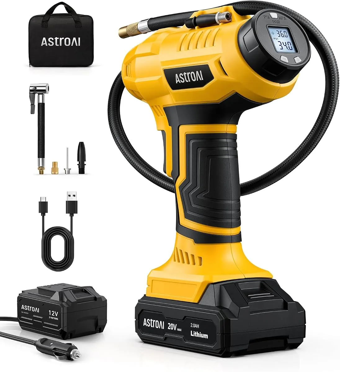 AstroAI cordless tire inflator with 20V battery and accessories