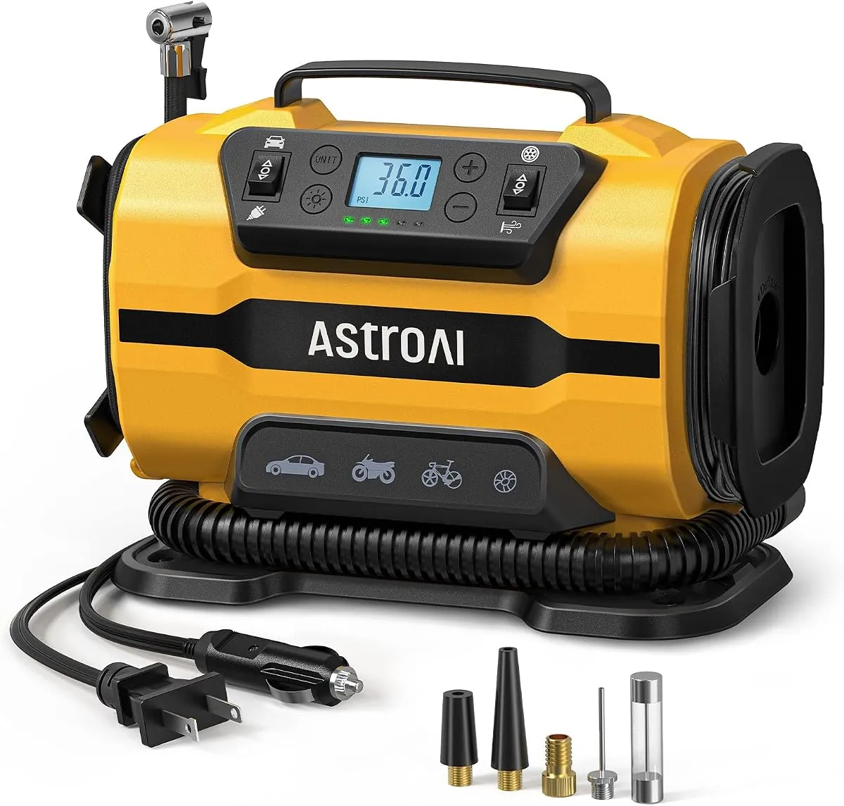 AstroAI tire inflator with both 12V DC and 120V AC power plugs