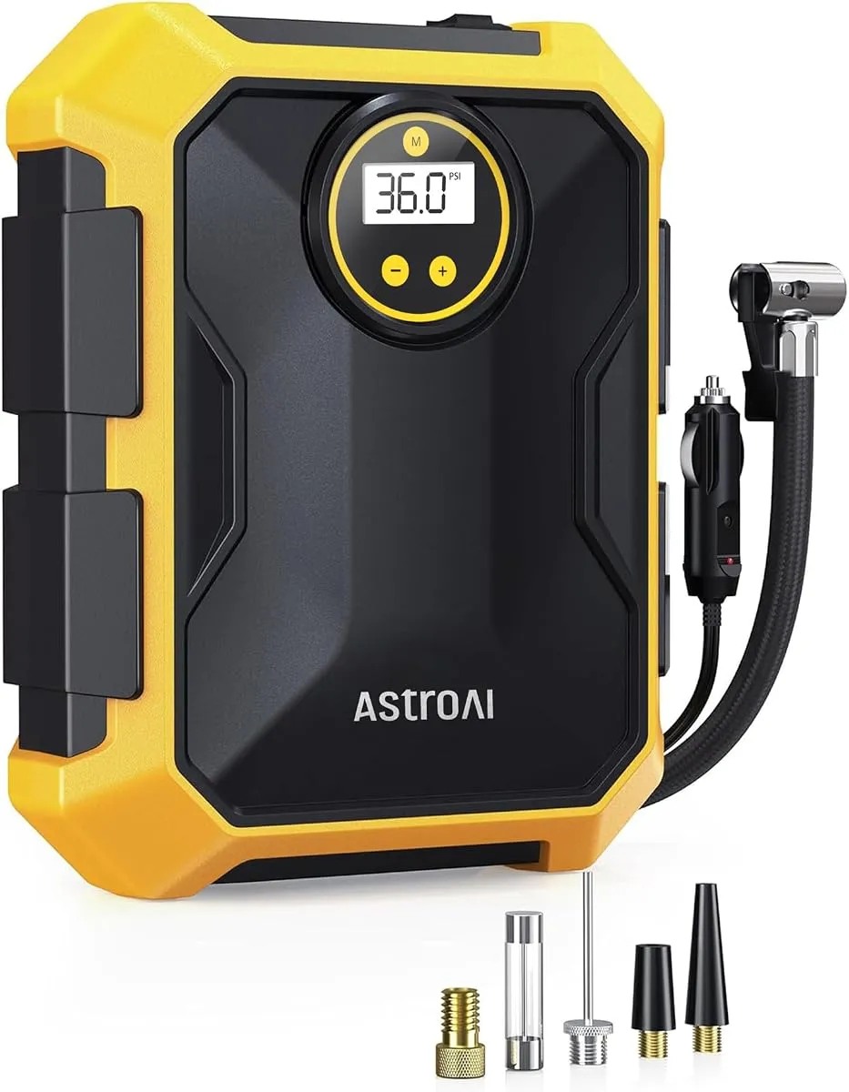 AstroAI tire inflator with integrated storage compartment and nozzles