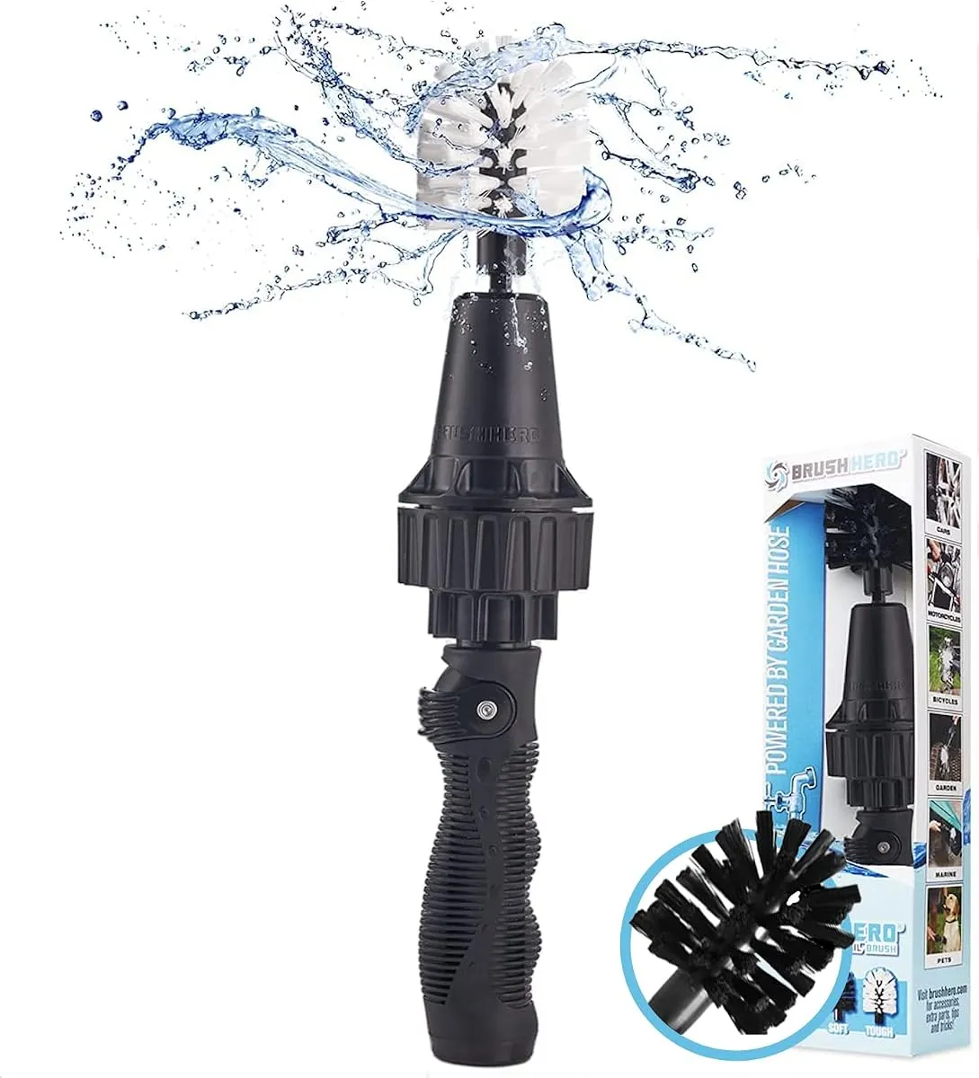 Brush Hero water-powered spinning wheel brush attached to a hose
