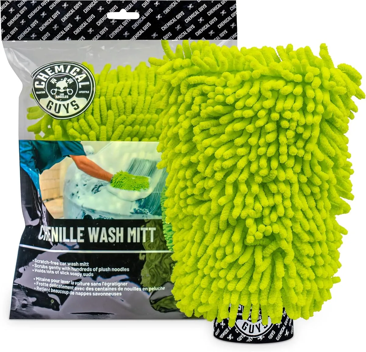 Chemical Guys chenille microfiber wash mitt in green with packaging