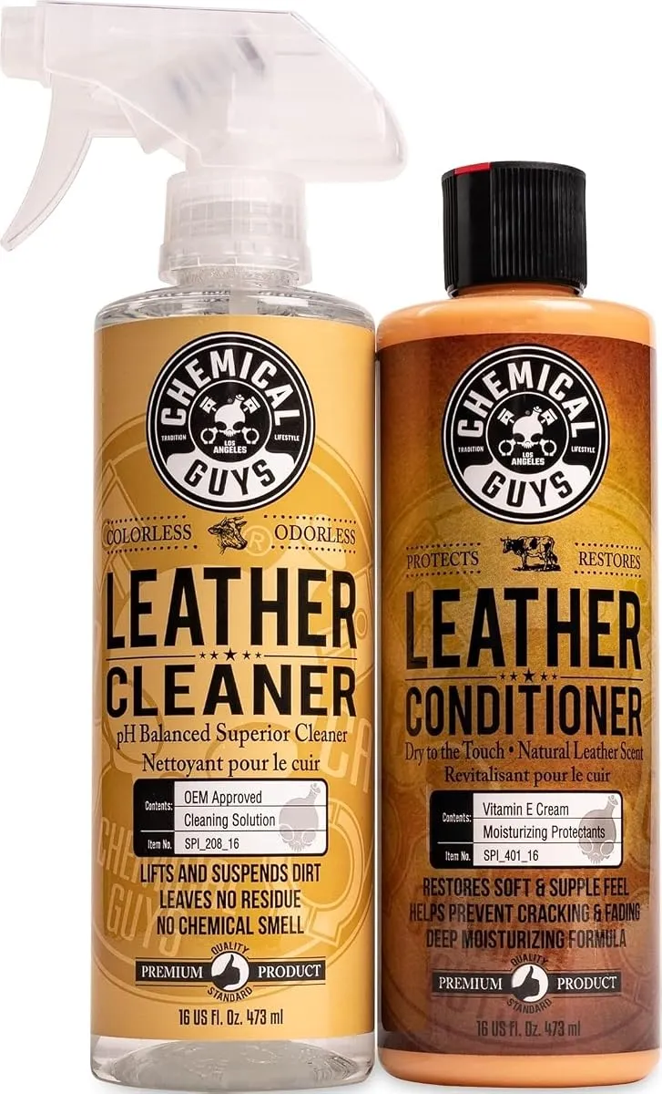 Chemical Guys leather cleaner and leather conditioner bottle pair