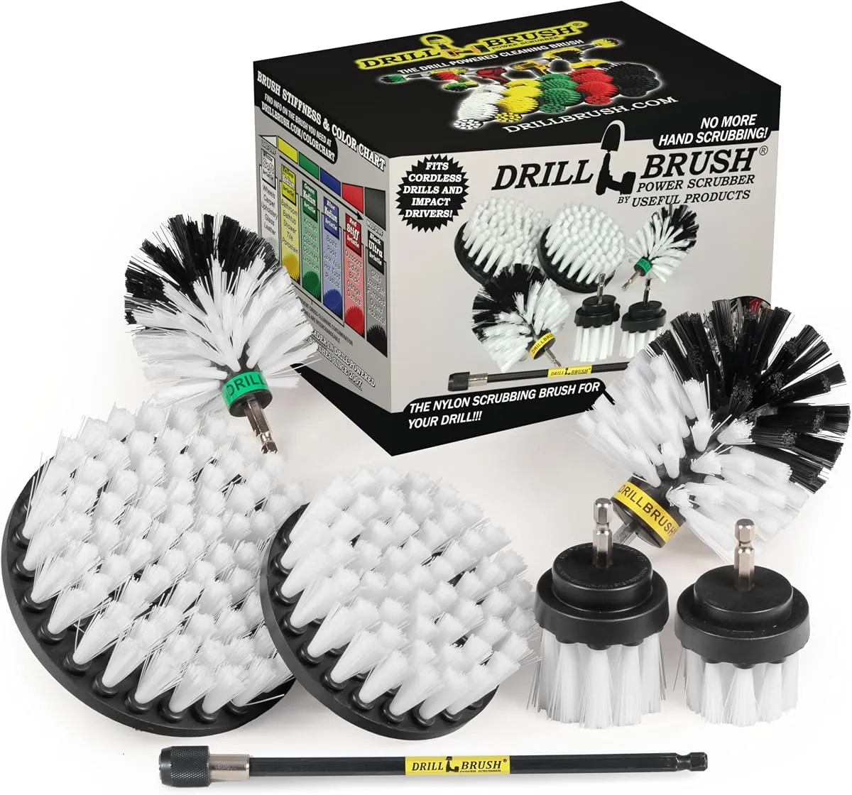Drill Brush automotive cleaning kit with brush heads and extension shaft