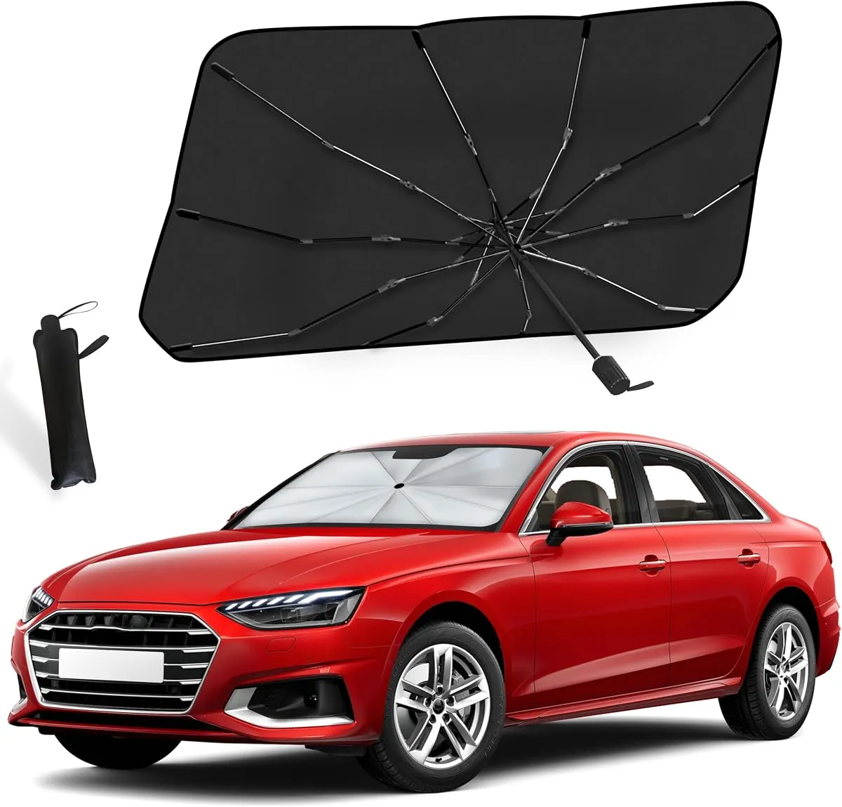 EcoNour umbrella-style windshield sun shade opened against a car windshield