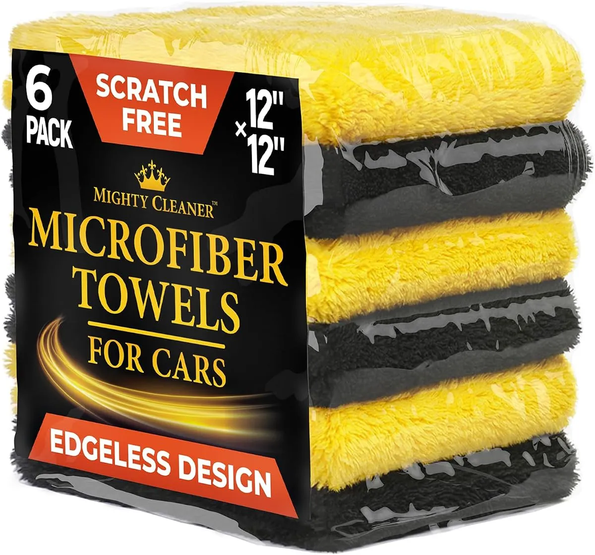 Six-pack of edgeless 540 GSM microfiber towels in yellow and grey
