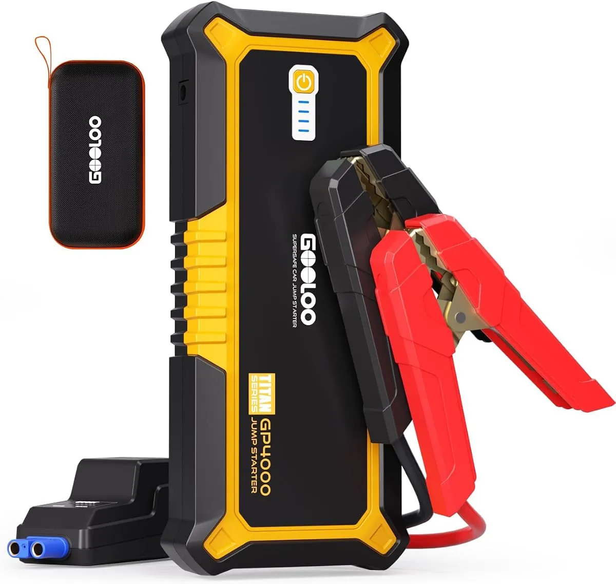 GOOLOO GP4000 jump starter in yellow with clamps and carry case