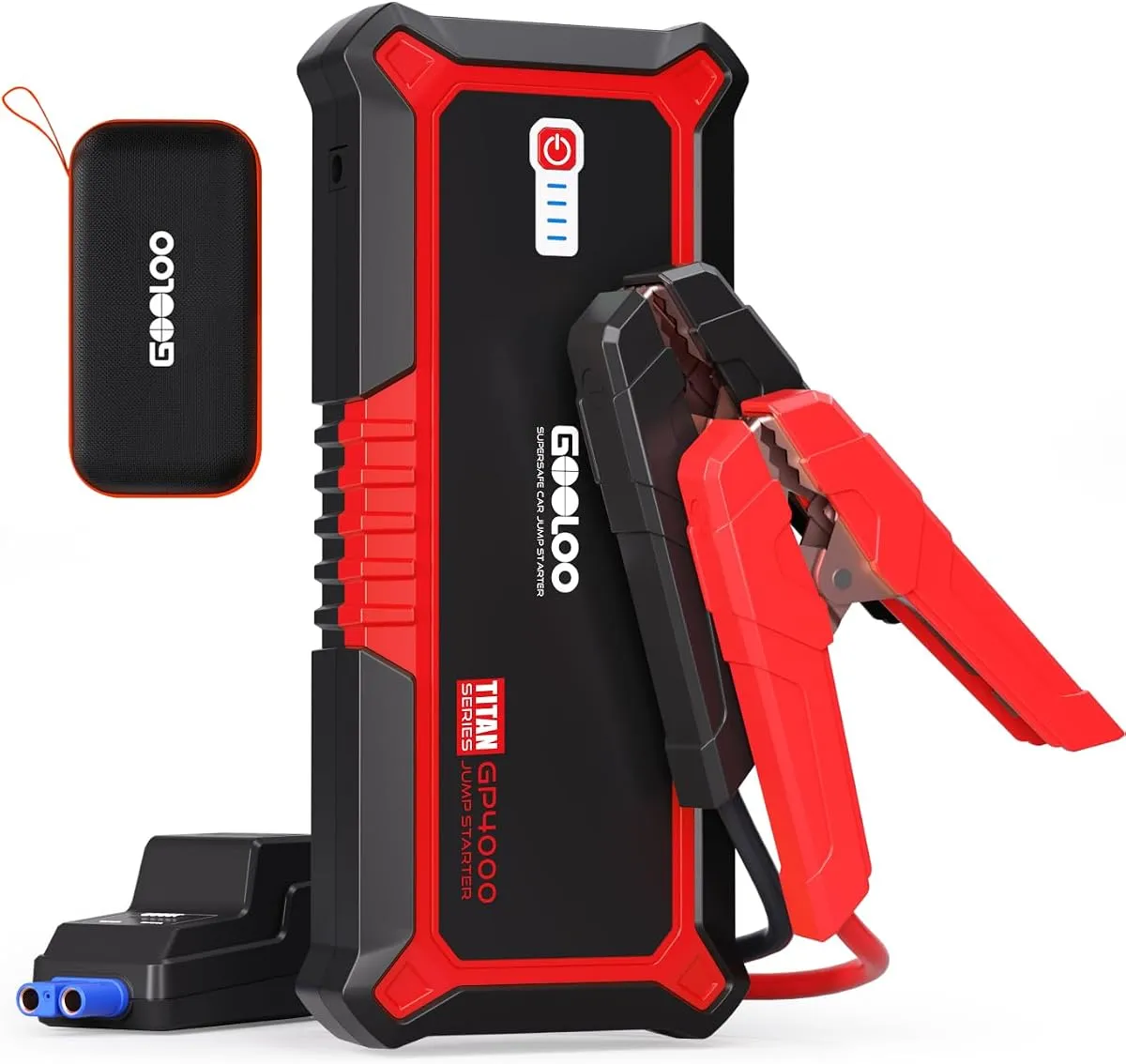 GOOLOO GP4000 jump starter in red with clamps and carry case
