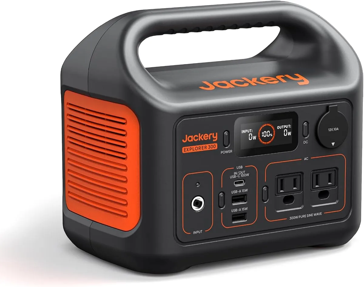 Jackery Explorer 300 portable power station in orange and black