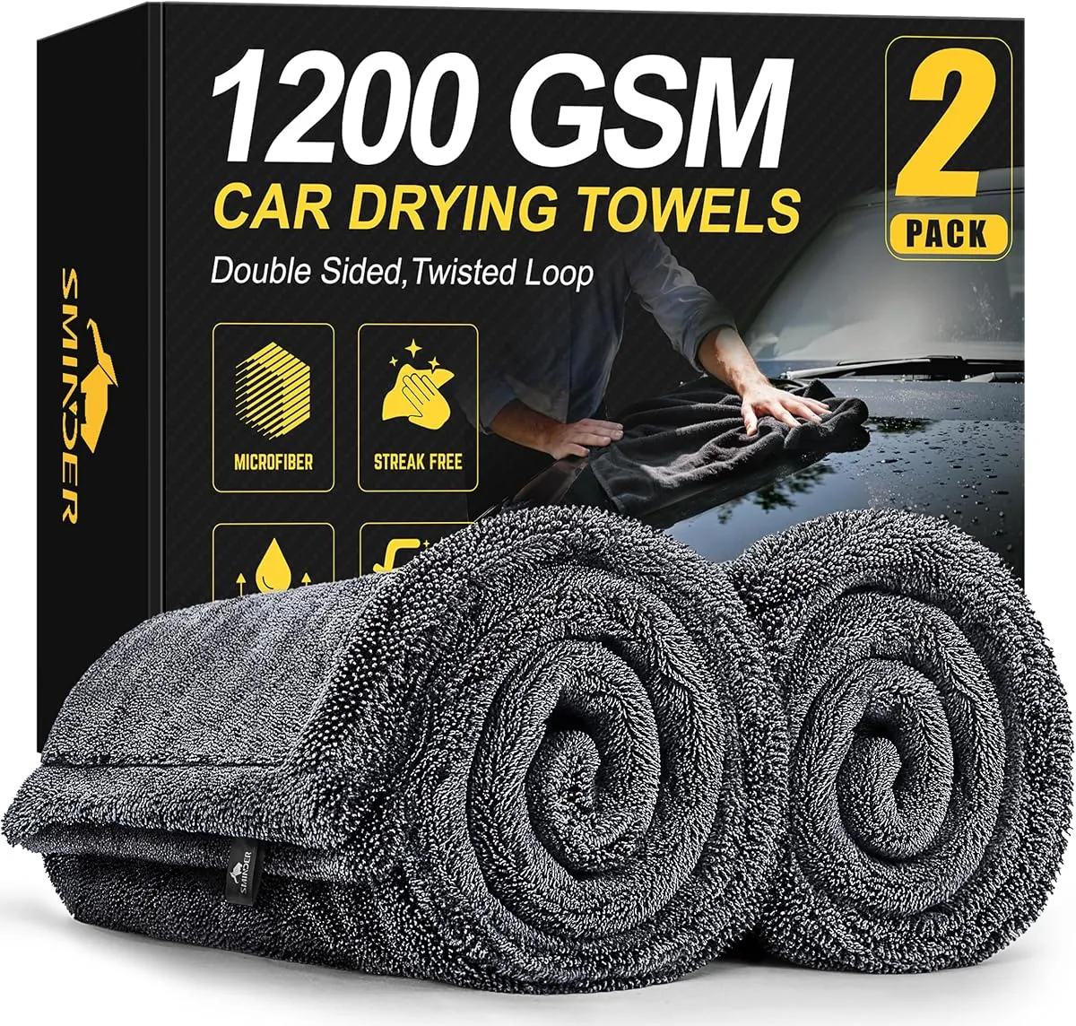 SMINDER 1200 GSM twisted loop drying towels, two-pack in grey