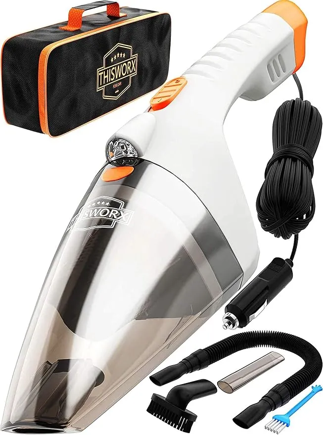 ThisWorx Car Vacuum 2.0 handheld with its carrying case, hose, and crevice attachments