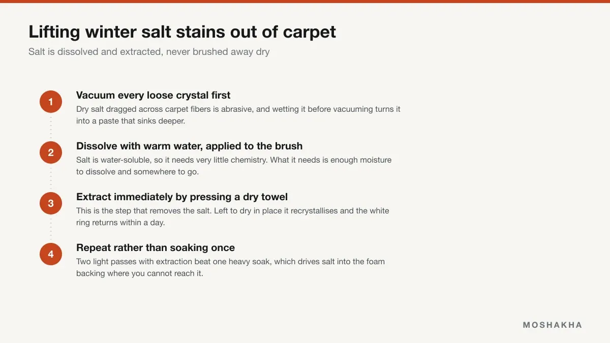 Four-step sequence for removing salt stains: vacuum, dissolve, extract, repeat