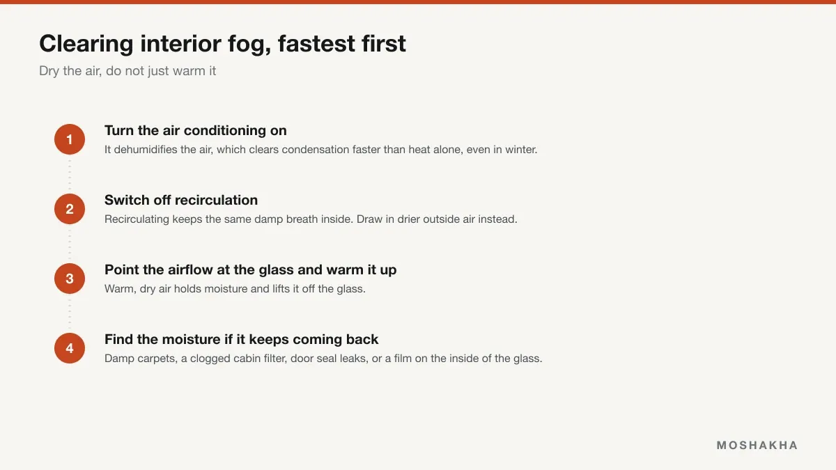 Four steps to clear interior window fog, starting with air conditioning